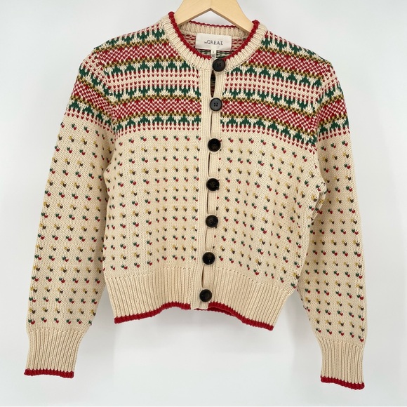 The Great. Vintage Ornament Button Down Cardigan in Cream Green and Red Size 0 - Picture 7 of 15